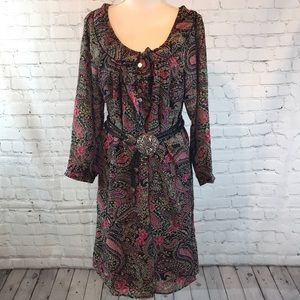 Roper Black Paisley Midi Dress with Pink & Green Accents